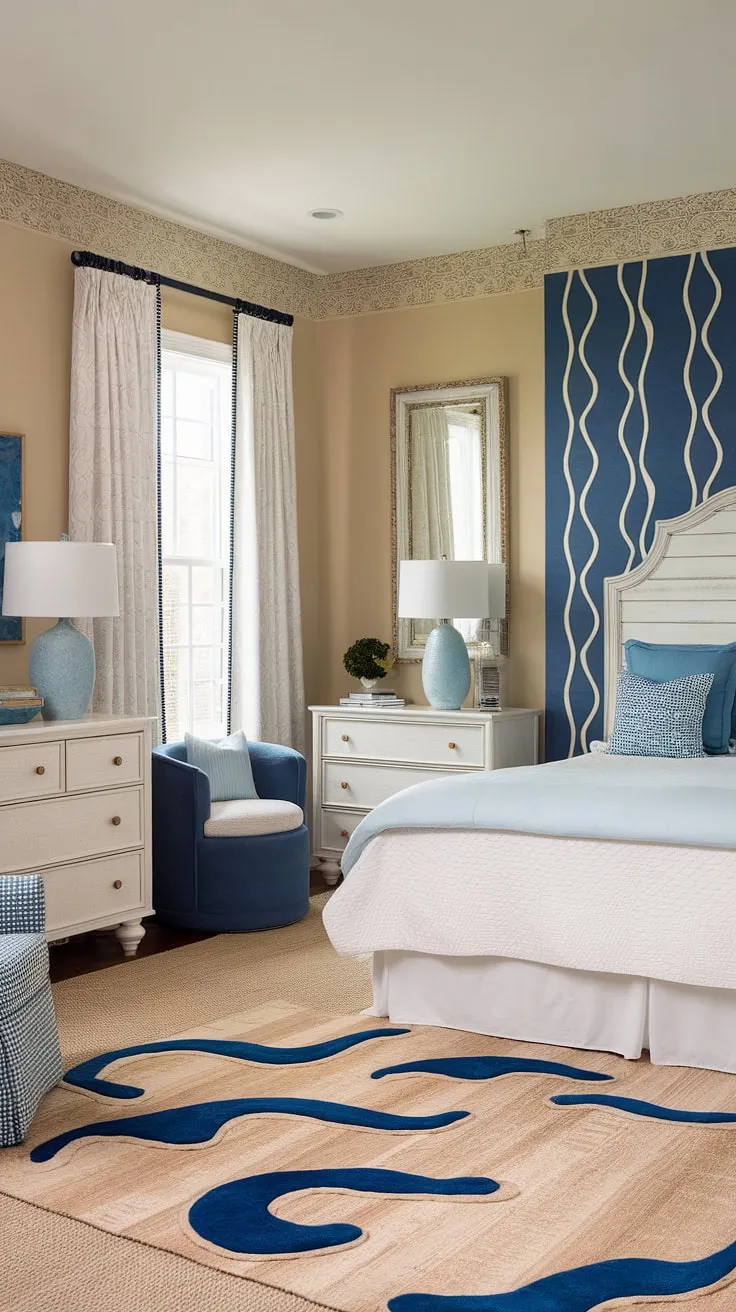 Drift off to dreamland in this serene coastal bedroom, perfectly blending preppy charm with a beachy vibe.  The ocean-inspired wallpaper sets the scene for a coastal themed bedroom that's equally perfect for a granddaughter or anyone seeking a tranquil coastal kid bedroom or aesthetic coastal bedroom.  Find more coastal bedroom ideas and ocean aesthetic bedroom ideas to create your own coastal bedroom aesthetic.