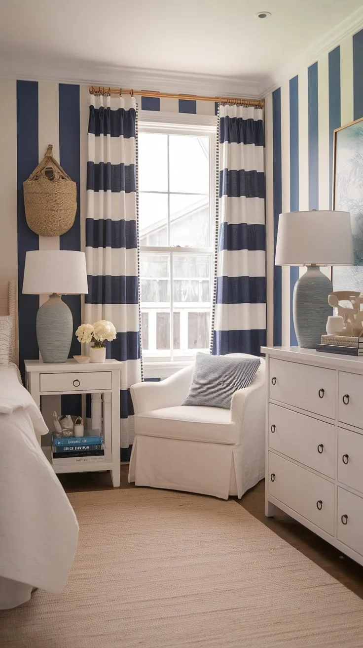 Dreamy coastal bedroom ideas come to life in this serene space.  The aesthetic coastal bedroom features a calming beach wallpaper room, perfectly complemented by blue and white stripes.  This coastal bedroom aesthetic is ideal for creating a peaceful haven, offering inspiration for coastal kid bedroom designs and coastal preppy bedroom styles.