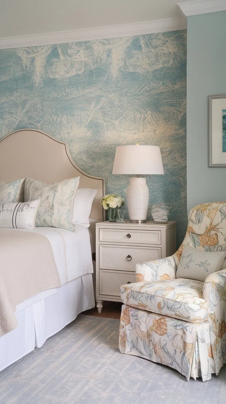 Drift off to dreamland in this serene coastal bedroom, perfectly blending preppy charm with a beachy vibe.  The ocean-inspired wallpaper creates a calming atmosphere, making it the ideal coastal themed bedroom for a granddaughter or anyone seeking a coastal kid bedroom or simply an aesthetic coastal bedroom.  Find more coastal bedroom ideas and inspiration for your own coastal bedroom aesthetic.