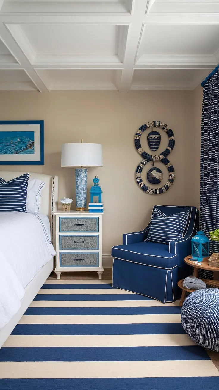 Drift off to dreamland in this serene coastal bedroom, perfectly blending preppy charm with a beachy vibe.  The ocean-inspired wallpaper sets the scene for a coastal themed bedroom that's equally perfect for a granddaughter or anyone seeking a tranquil coastal bedroom aesthetic.  This space offers endless coastal bedroom ideas, from the calming color palette to the thoughtful details, creating an aesthetic coastal bedroom that embodies the spirit of the coast.