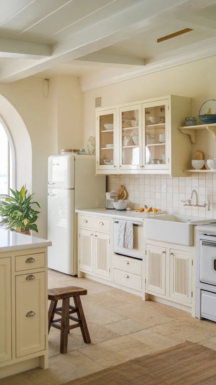 Sun-drenched serenity defines this coastal kitchen, its light cream cabinets and white appliances reflecting the beach house's tranquil vibe