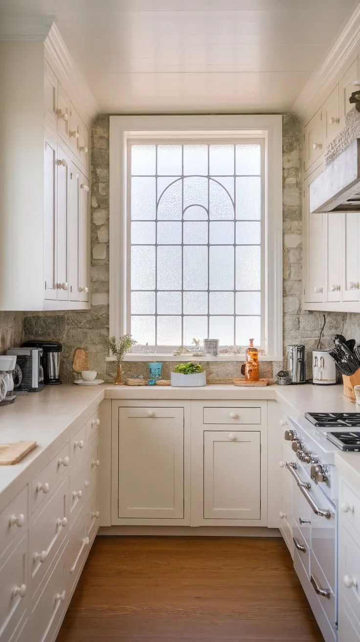 A beach house kitchen's bright white cabinetry and natural stone accents create a calming coastal atmosphere.