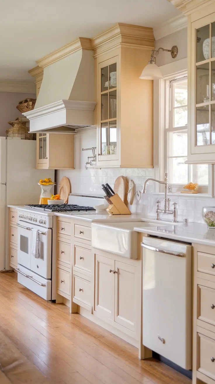 Sunlight streams into a serene coastal kitchen featuring light wood cabinets, white countertops, and gleaming appliances.