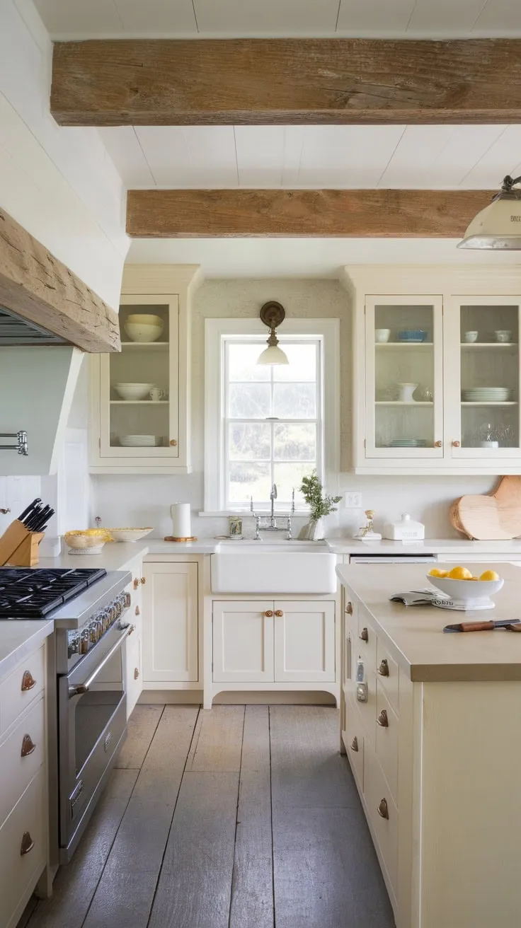 Sun-drenched coastal charm fills a kitchen of white cabinets, weathered wood floors, and natural beams, showcasing a relaxed beach house aesthetic