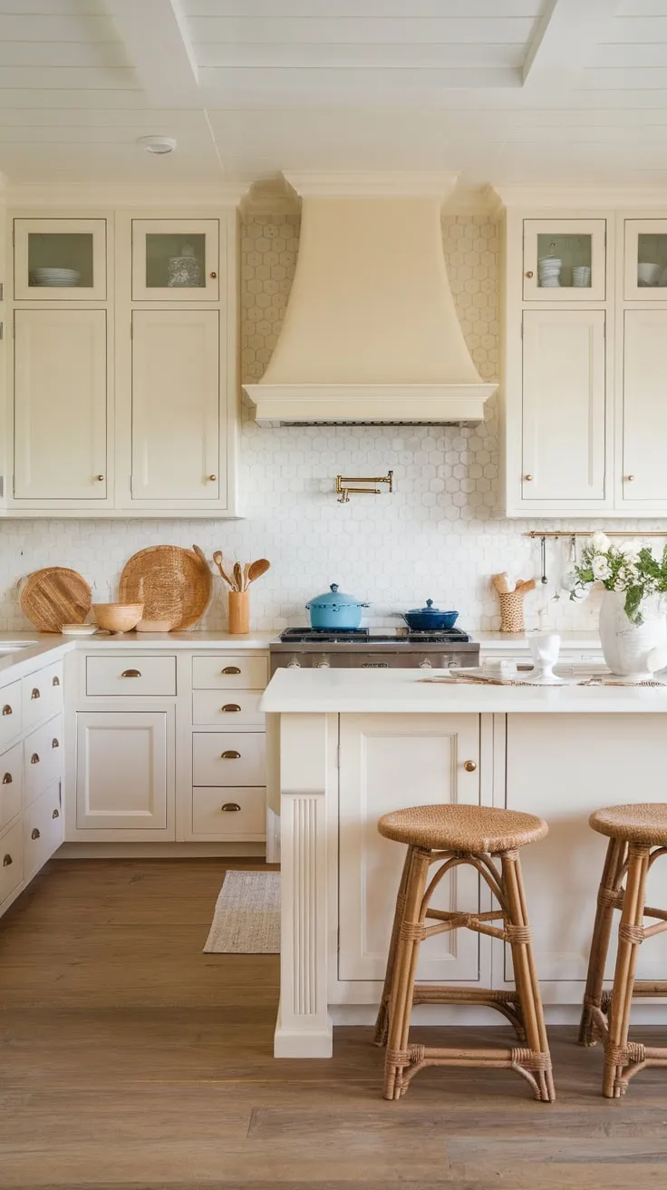 Sun-kissed white cabinets, cream countertops, and a wood floor create a serene coastal kitchen haven
