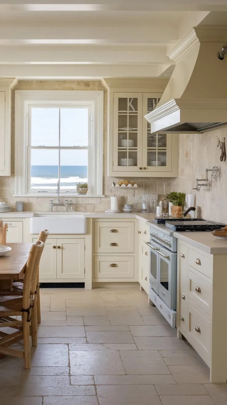 Ocean views inspire this bright coastal kitchen, featuring light cabinetry, a farmhouse sink, and natural stone accents.