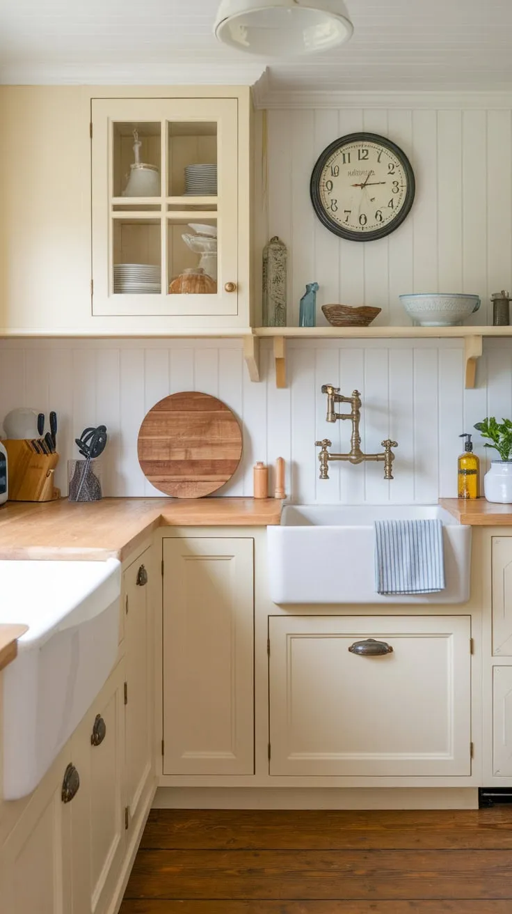 A farmhouse sink and wooden accents complete the charming coastal kitchen's natural aesthetic.
