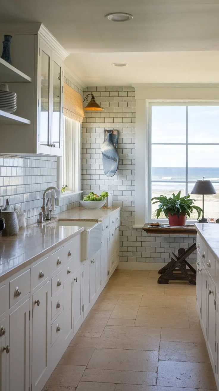 Ocean views inspire this bright coastal kitchen, its white cabinets and gray tile backsplash reflecting the calming beachside serenity.