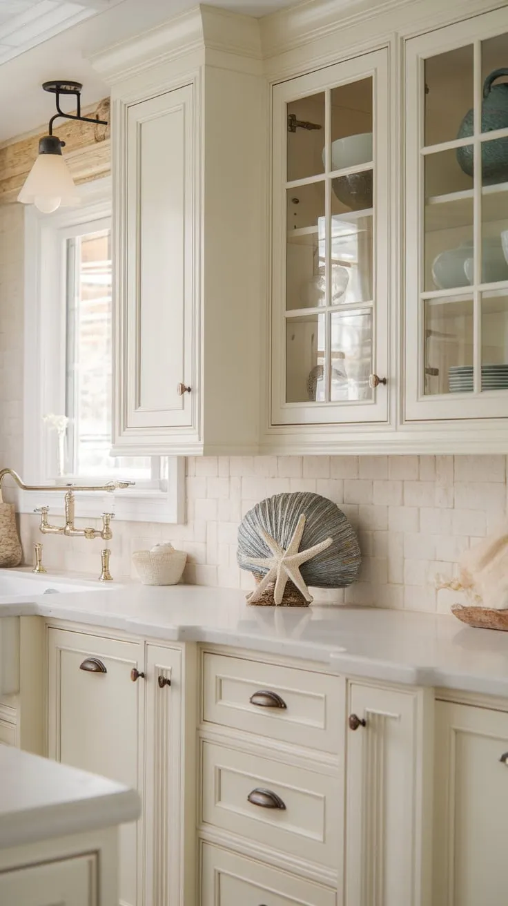 Cream cabinets, white counters, and a starfish accent create a serene coastal kitchen.