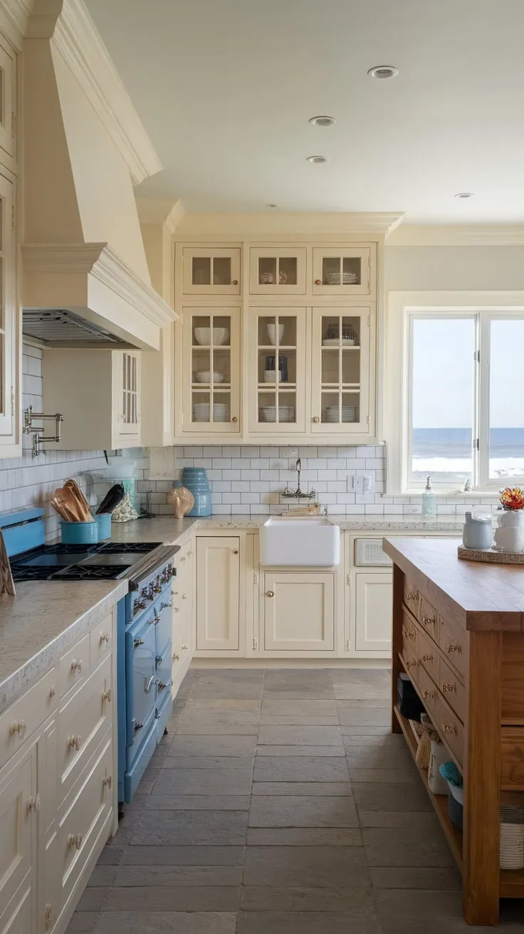 Ocean views inspire this bright coastal kitchen, featuring light cabinetry, natural countertops, and a charming blue stove.