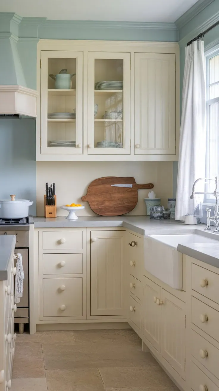 Light cream cabinets, gray countertops, and a light blue wall create a serene coastal kitchen perfect for beach house living