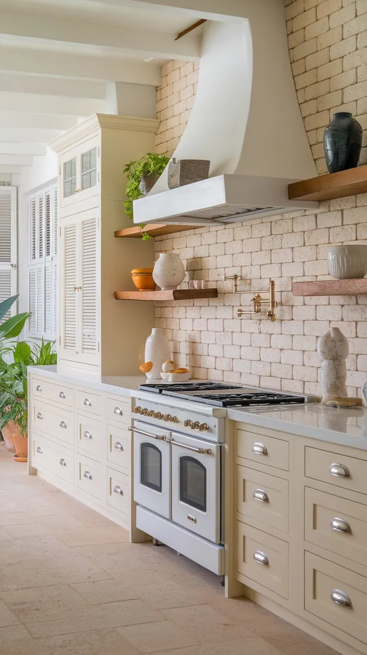 A bright coastal kitchen features light cream cabinets, white countertops, and a beige brick backsplash, inviting a relaxed atmosphere.