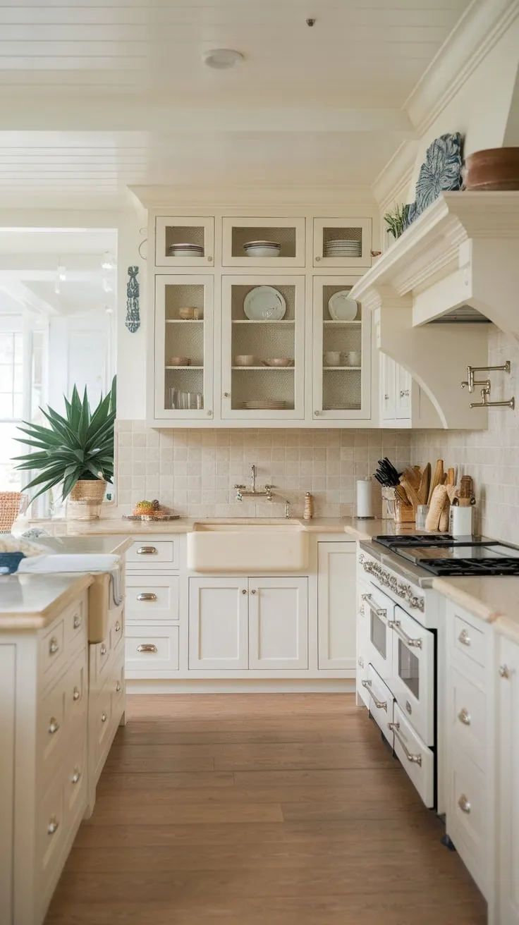 Sun-drenched white cabinets, cream counters, and a farmhouse sink create a serene coastal kitchen haven.