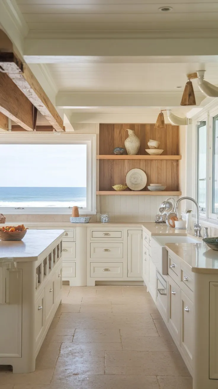 A beach house kitchen bathed in natural light showcases calming whites, warm wood, and breathtaking ocean vistas.