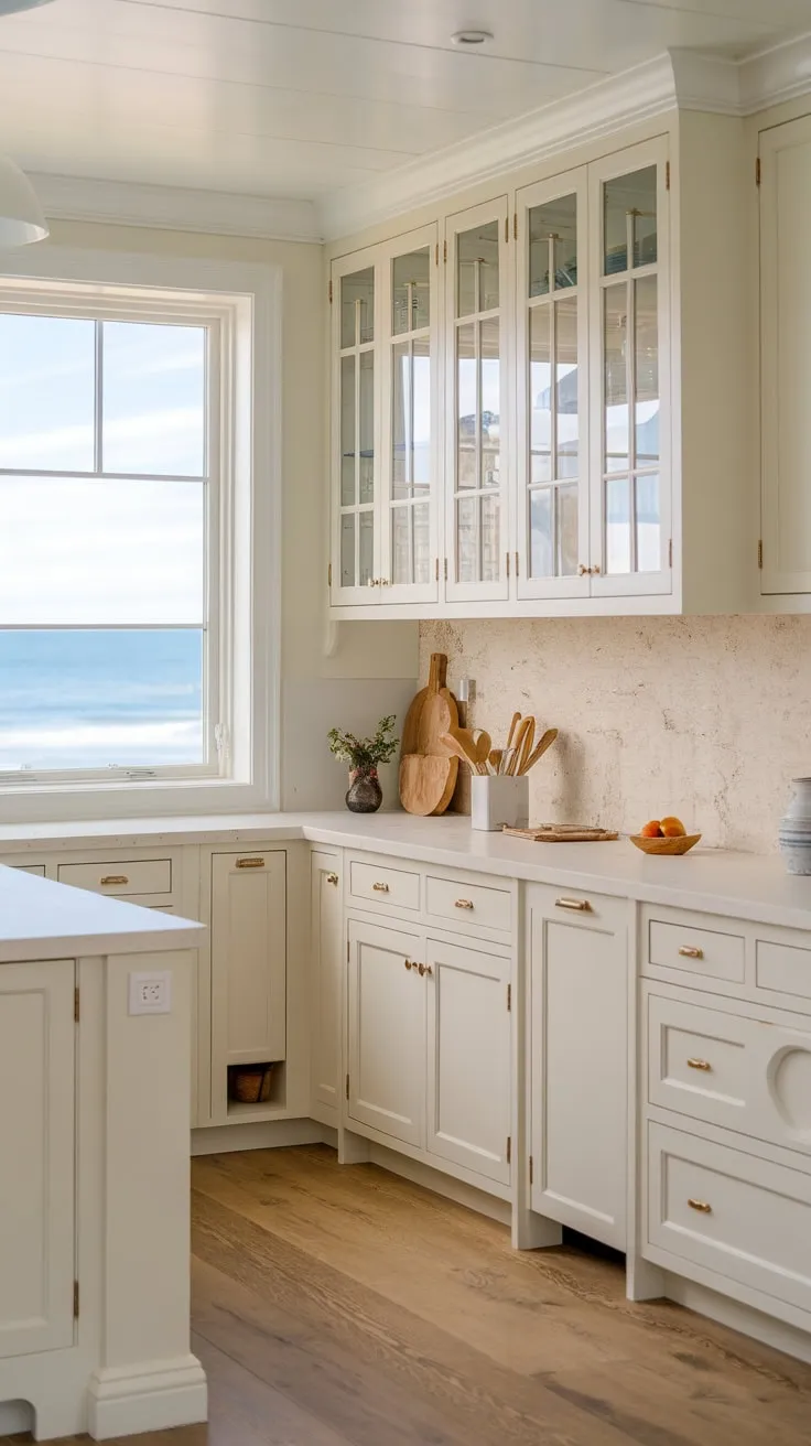 A bright coastal kitchen boasts ocean views, light cabinetry, and a charming island.