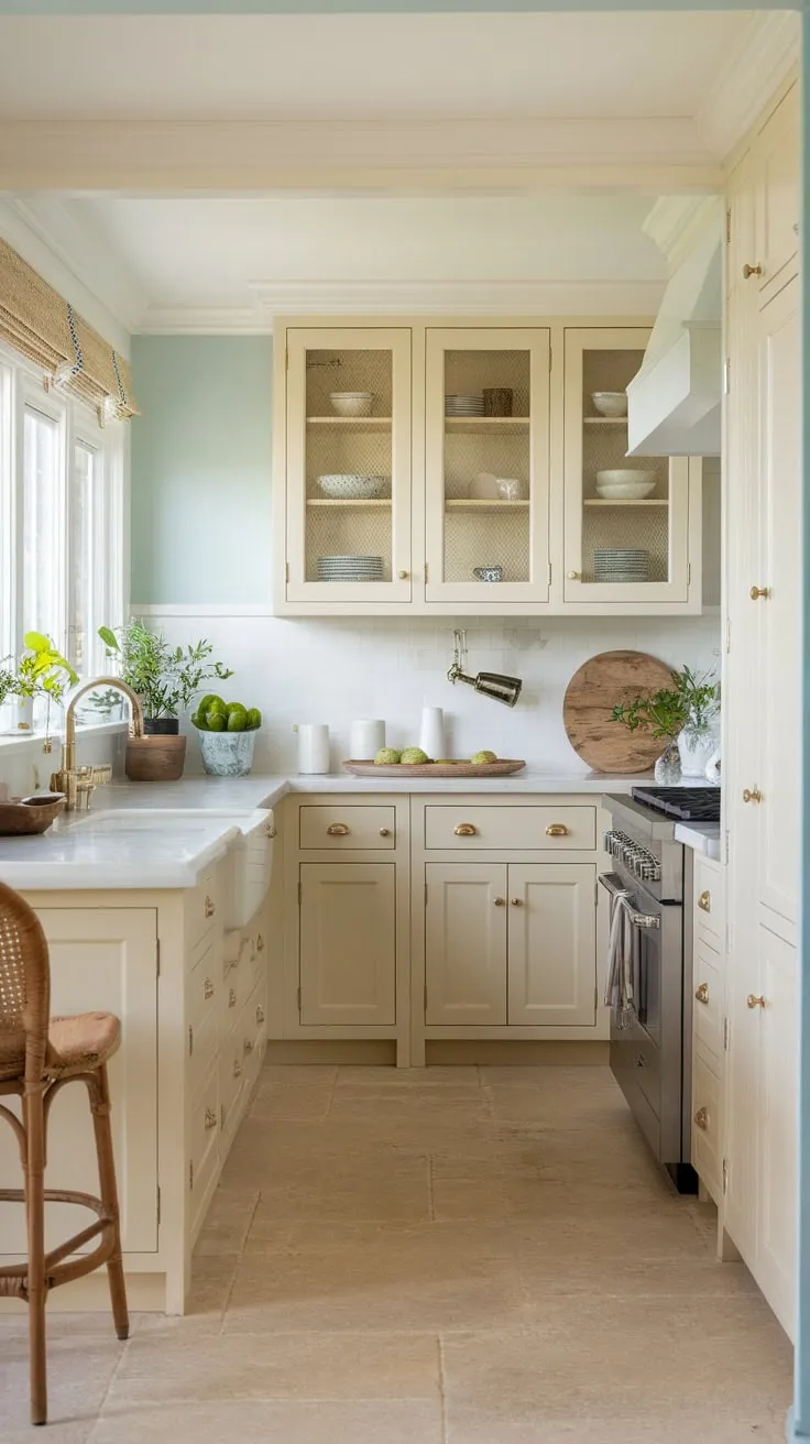 Sunlit cream cabinets, white countertops, and beige tiles create a serene coastal kitchen in a beach house
