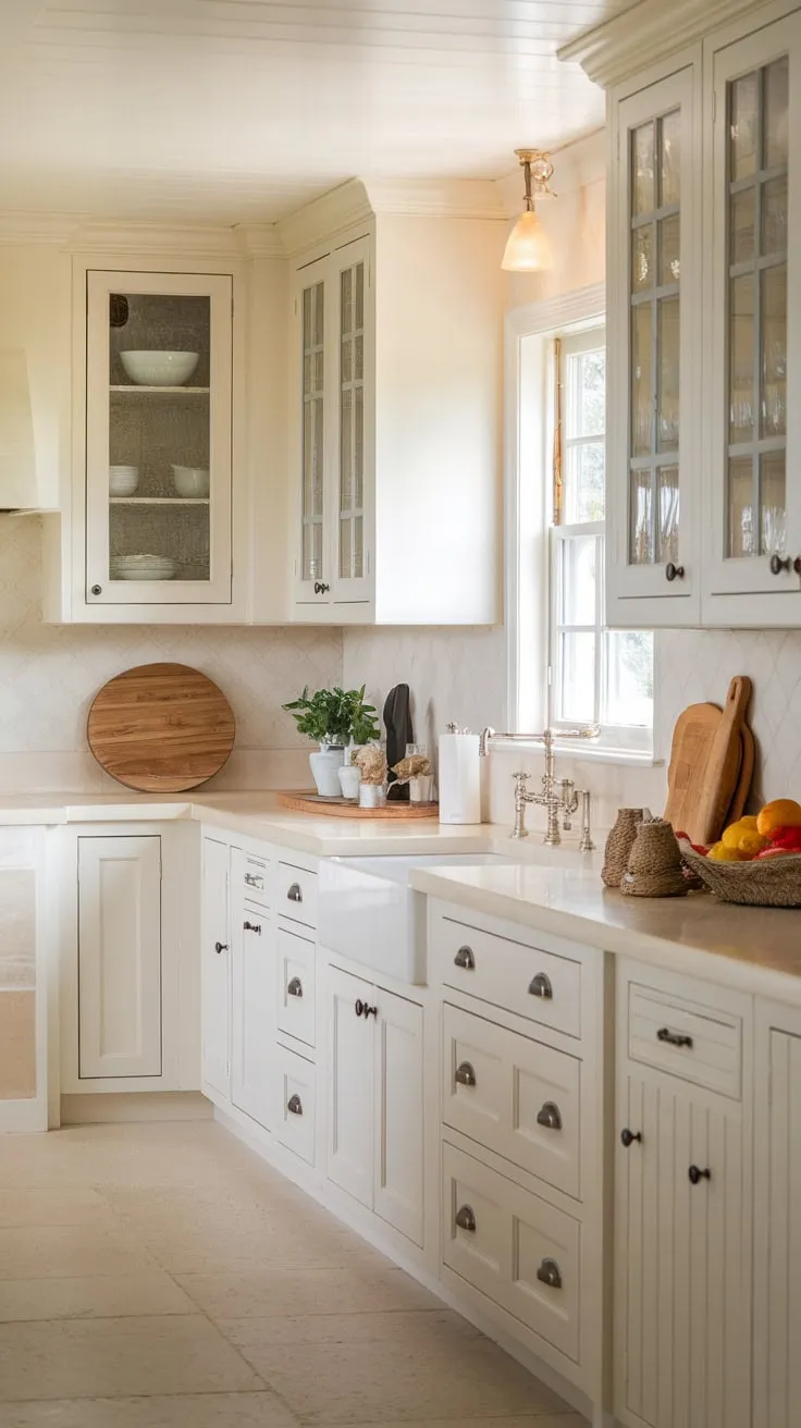 Sunlit coastal charm fills this kitchen, its white cabinets and natural accents creating a serene beach house atmosphere