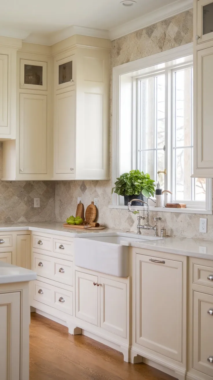 A bright coastal kitchen boasts light cream cabinets, white counters, and a natural stone backsplash, bathed in natural light.