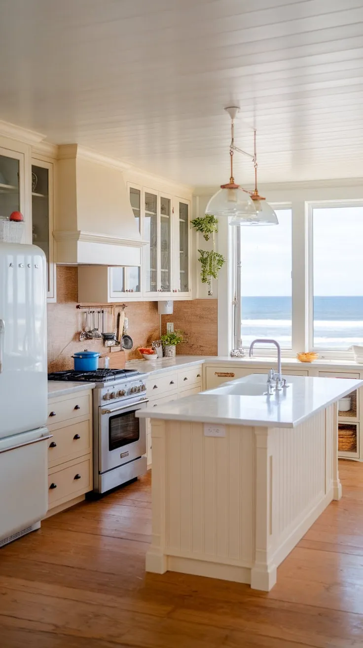 A beach house kitchen bathed in natural light boasts calming cream tones and stunning ocean vistas.
