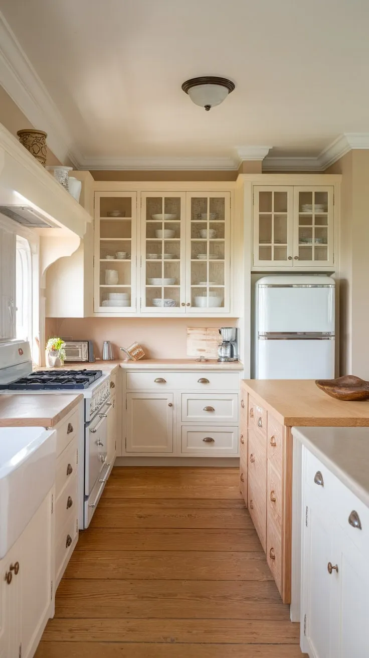 A bright beach house kitchen boasts soft white and cream cabinets, a wooden island, and natural light streaming through glass doors.