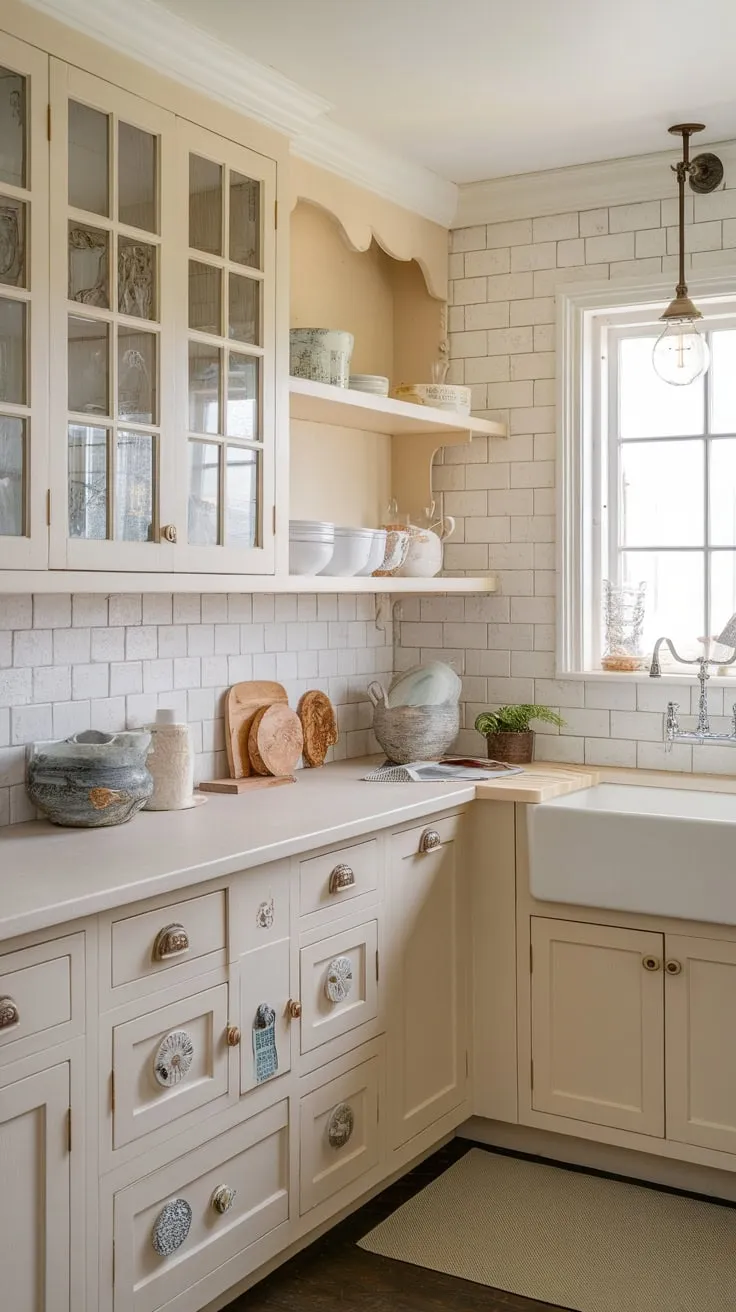 A charming coastal kitchen boasts light cream cabinets, a white farmhouse sink, and textured white tile backsplash, creating a serene and inviting space
