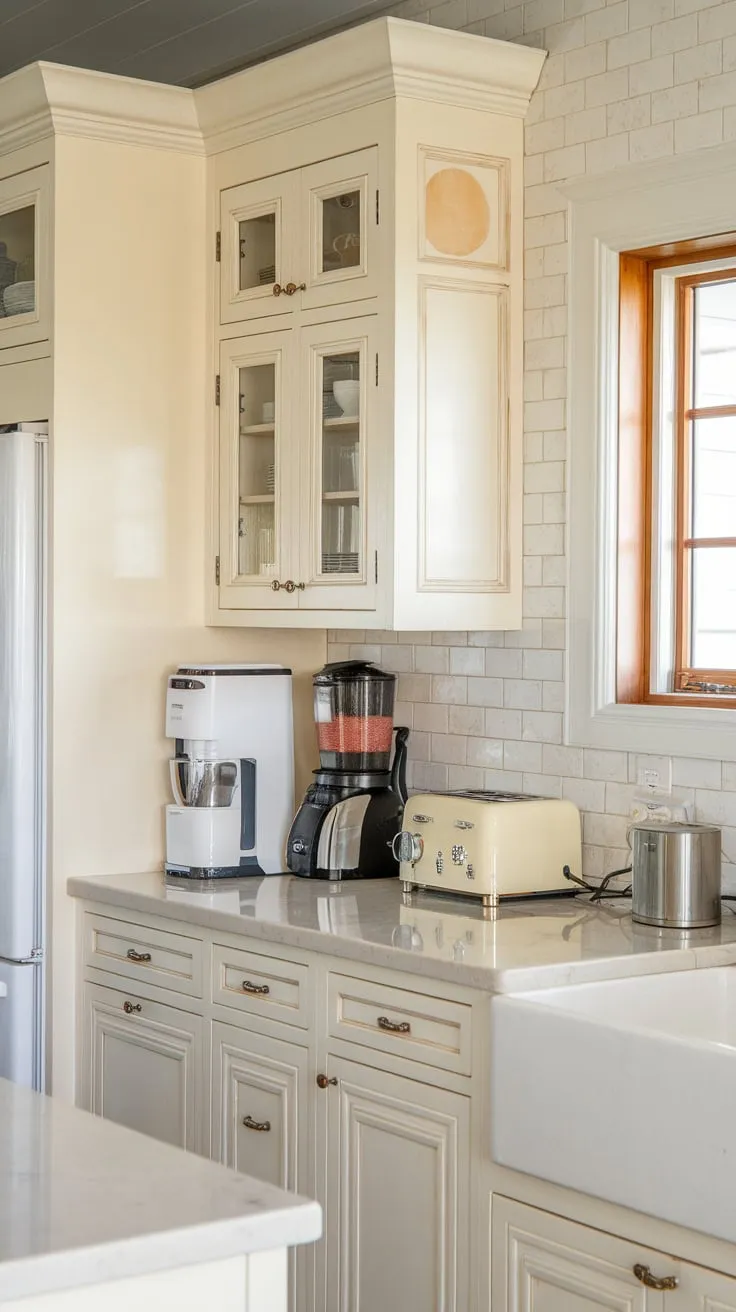 Creamy white quartz countertops and soft white cabinets create a serene coastal kitchen perfect for beach house living