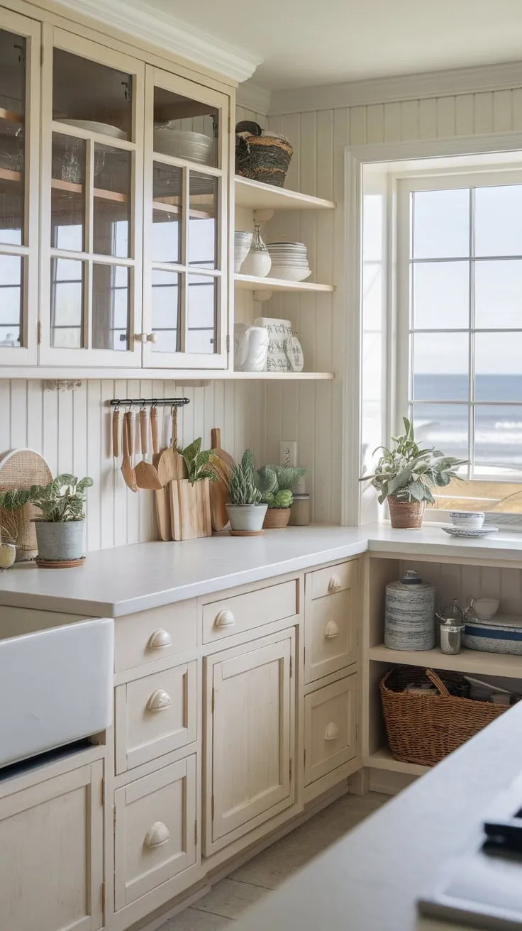 A light-filled beach house kitchen offers calming coastal vibes with ocean views.