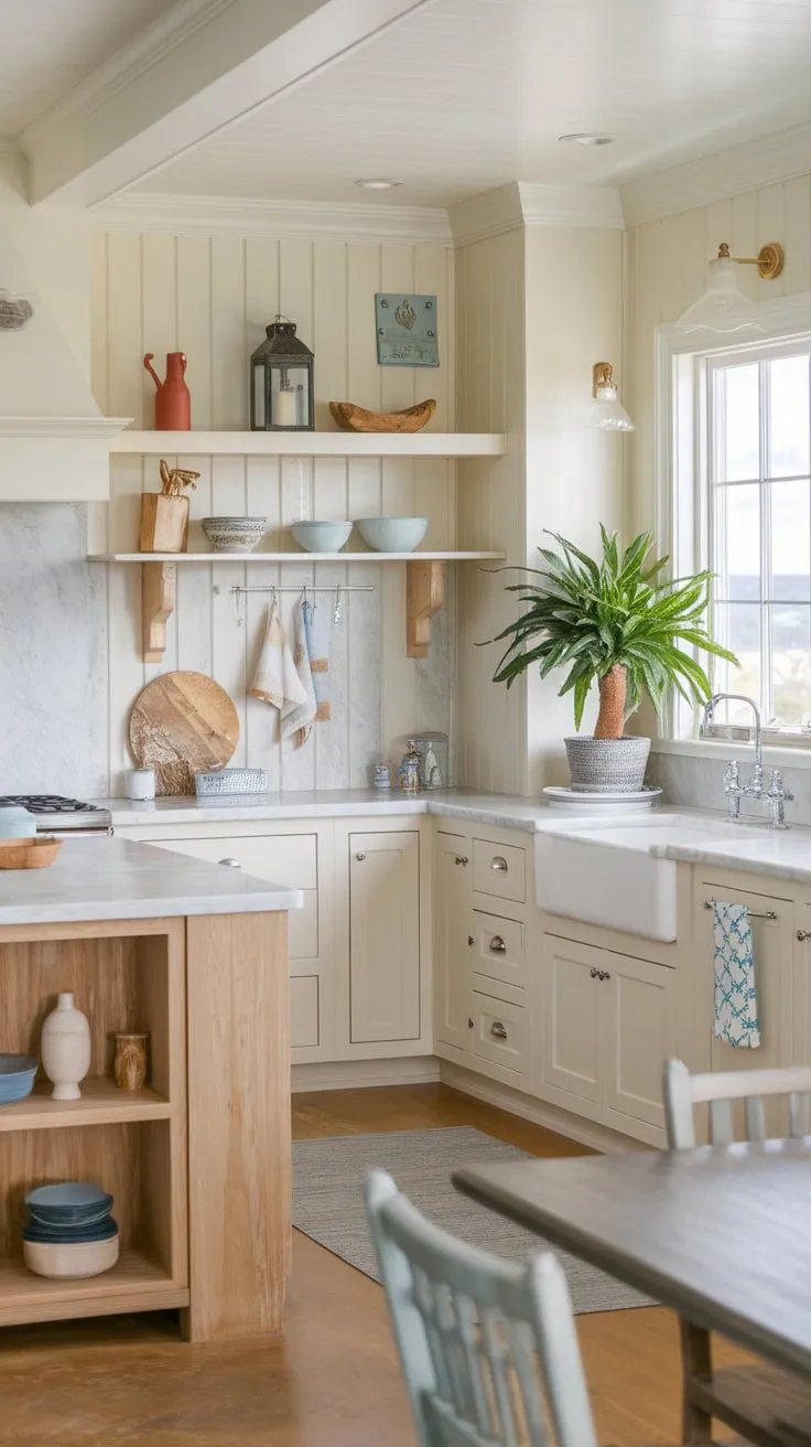 A serene coastal kitchen boasts light cabinets, marble countertops, and a farmhouse sink, creating a tranquil beach house atmosphere.