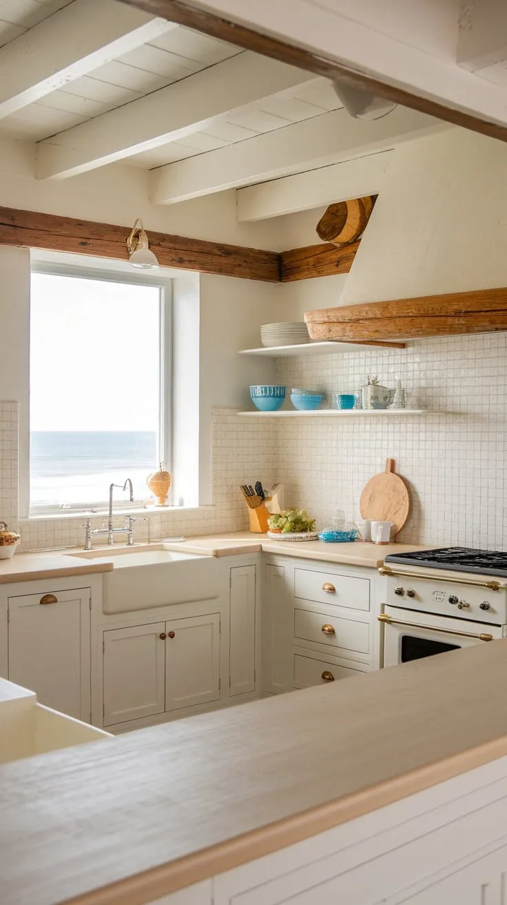 Sunlight streams into a bright coastal kitchen, its white cabinets and wood accents creating a relaxed beach house vibe