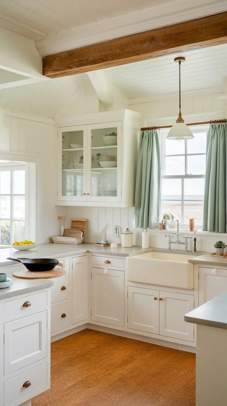 Sun-drenched coastal charm fills a white kitchen, complete with farmhouse sink and sea-green views.
