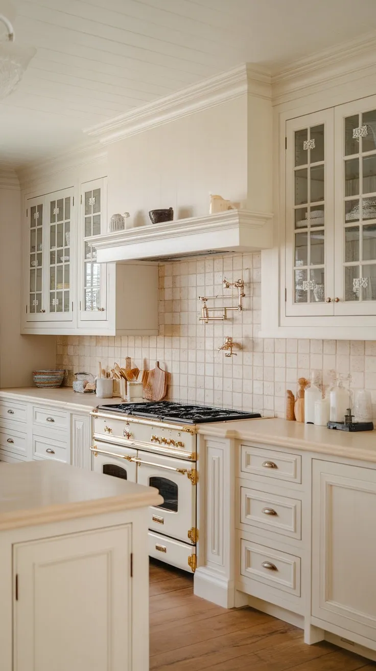 A beach house kitchen bathed in soft white light features natural wood floors and calming neutral tones.