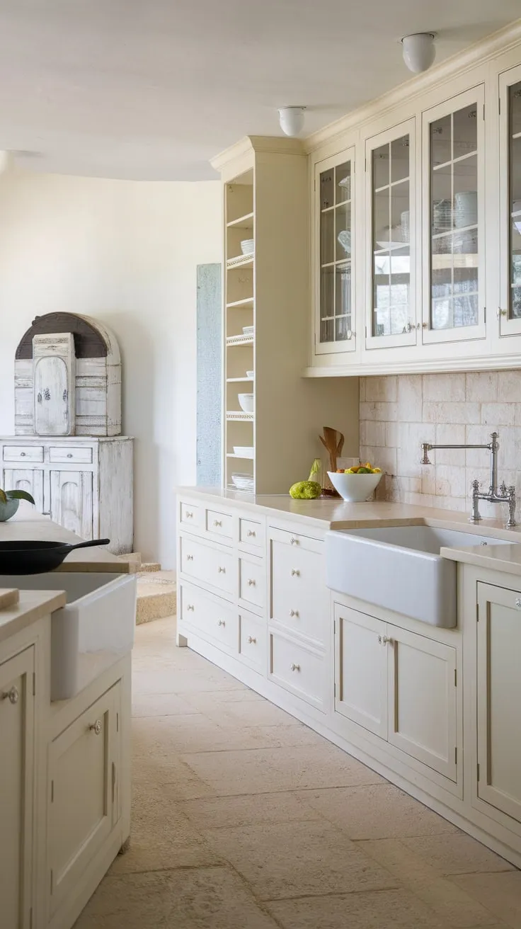 Sun-drenched cream cabinets, natural stone, and a cast iron skillet complete this inviting coastal kitchen's beach house charm