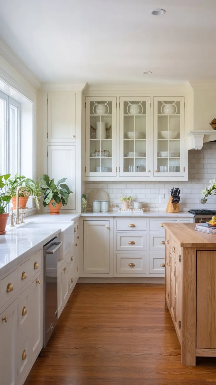 A beach house kitchen's airy white palette is warmed by a wooden island and flourishing potted plants.