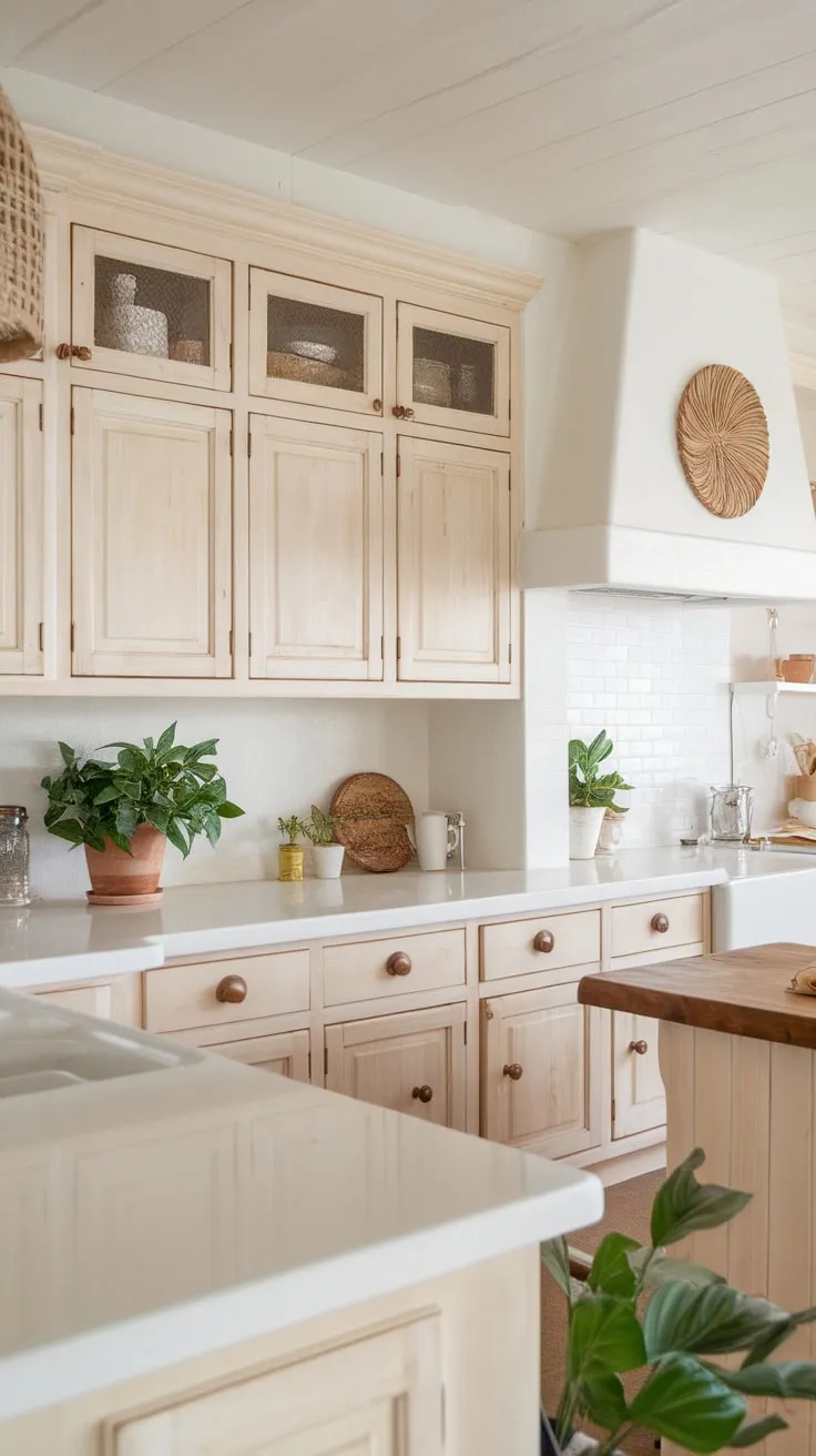 A breezy coastal kitchen design showcases light wood and white accents, creating a calm and airy atmosphere.