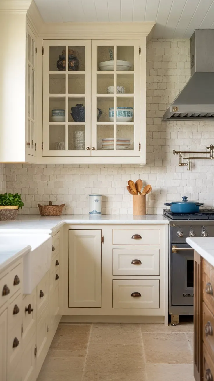A sun-drenched coastal kitchen boasts light cream cabinets, white countertops, and a natural stone backsplash, creating a relaxed beach house vibe