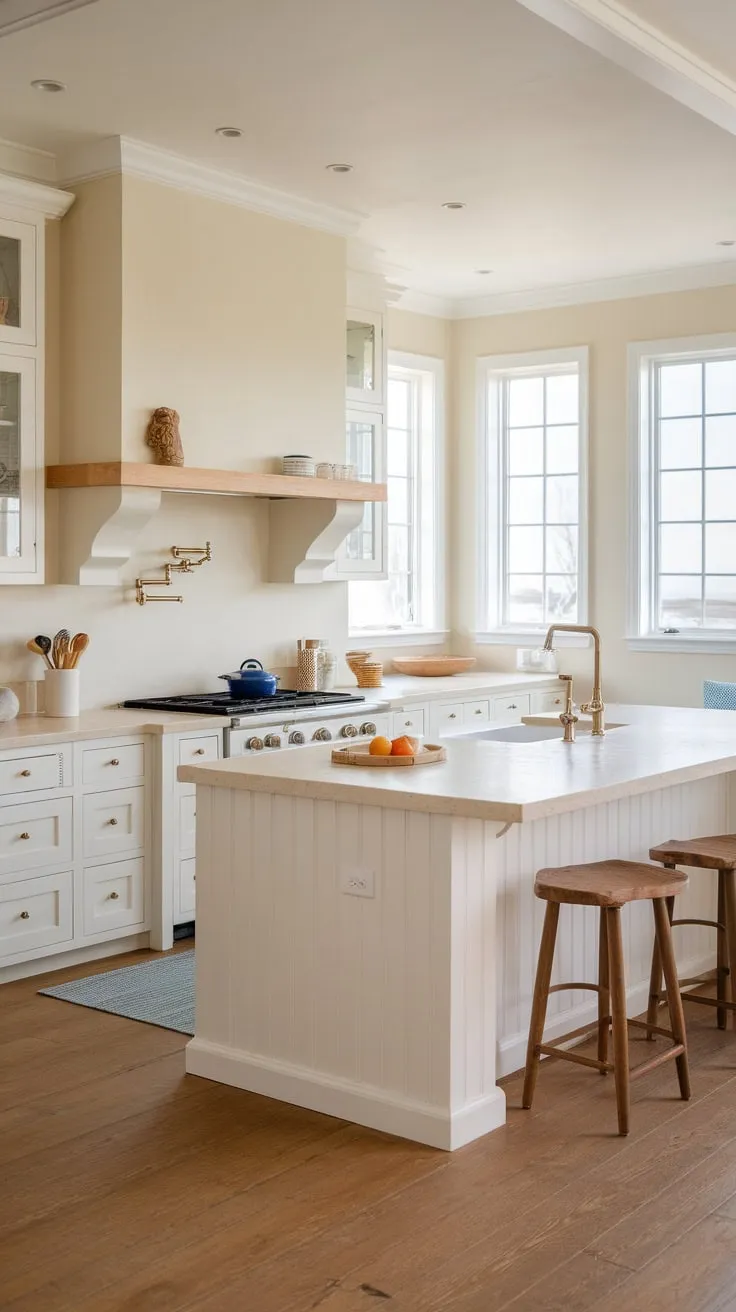 A beach house kitchen awash in natural light boasts white cabinetry, a spacious island, and warm wood floors, creating a relaxed coastal vibe.