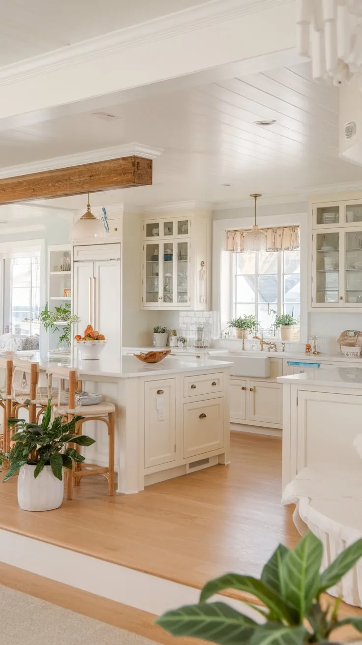 A beach house kitchen awash in soft white light features a spacious wooden island, light cabinetry, and the calming presence of greenery.