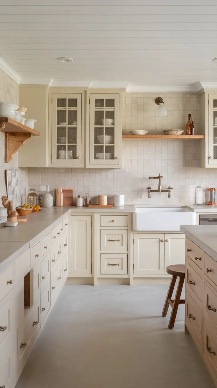 A beach house kitchen's soft white and cream cabinetry, light gray tile, and bronze accents create a calming coastal haven.