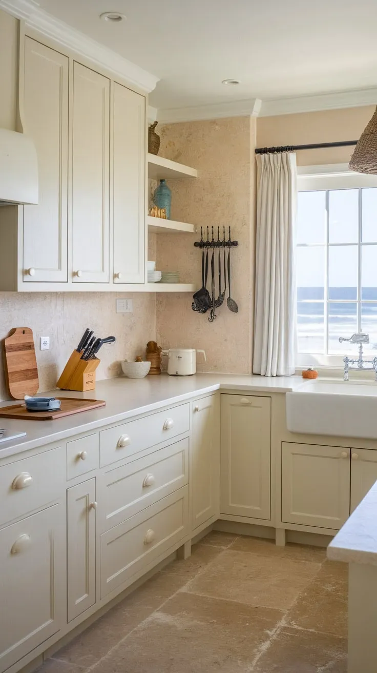 A sun-drenched beach house kitchen boasts light cabinets, a farmhouse sink, and ocean views.