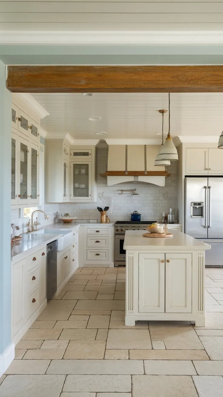 A sun-drenched coastal kitchen boasts white cabinets, a cream island, and natural tones, creating a serene beach house atmosphere