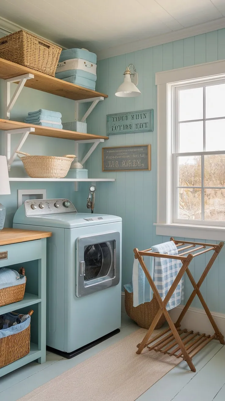 This powder blue coastal laundry room embodies the perfect blend of Hamptons style and preppy charm.  Coastal house decorating ideas come alive in this bright and airy space, transforming a utilitarian room into a stylish coastal laundry room.