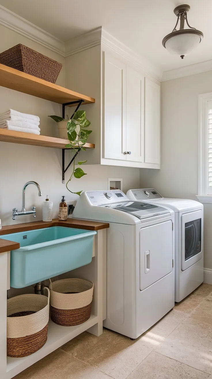This coastal laundry room is the epitome of Hamptons style, effortlessly blending preppy charm with relaxed coastal vibes.  The powder blue walls and thoughtful details create a bright and airy space, offering inspiration for your own house interior laundry room decorating.  Coastal house decorating ideas don't get much better than this.