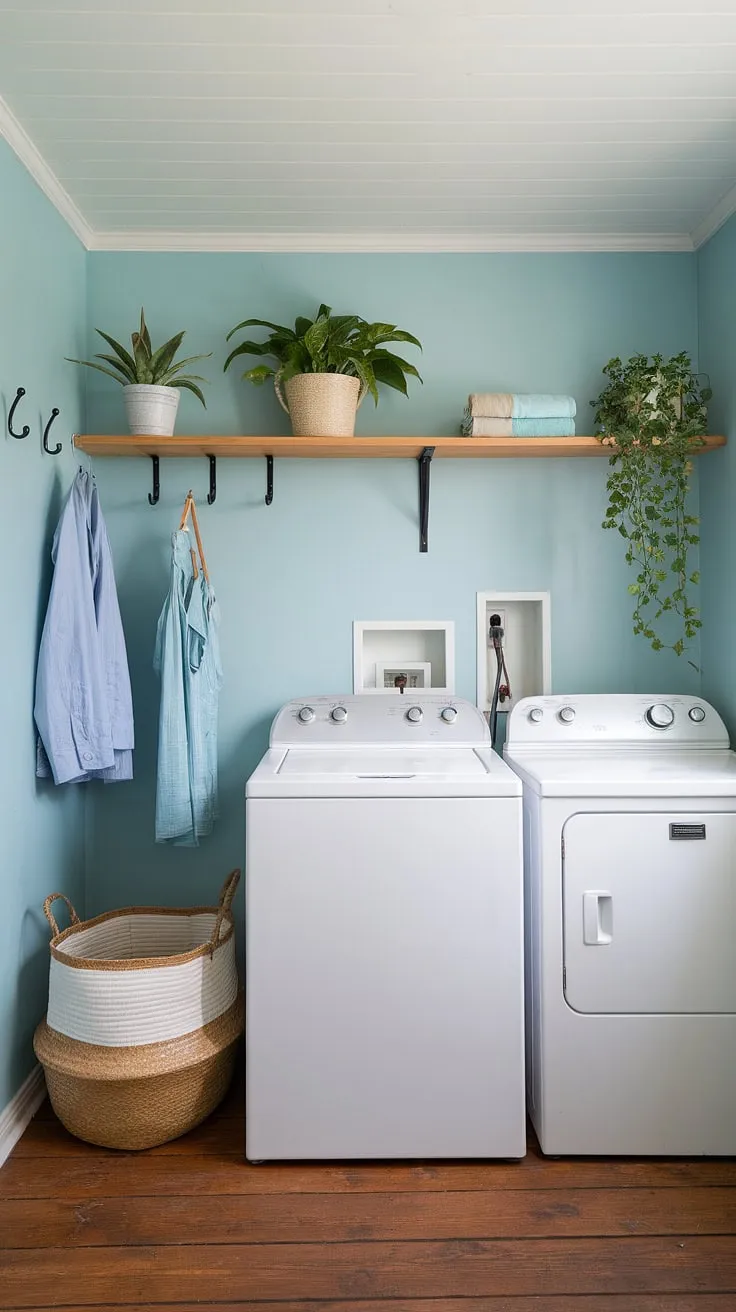 This powder blue coastal laundry room embodies the perfect blend of Hamptons style and preppy charm.  Coastal house decorating ideas come alive in this bright and airy space, transforming a utilitarian room into a stylish coastal laundry room.