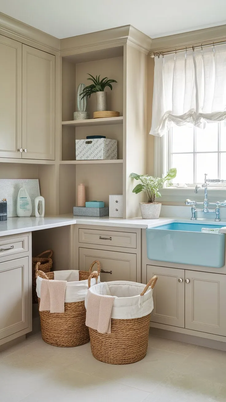This coastal laundry room is the epitome of Hamptons style, effortlessly blending preppy charm with relaxed coastal vibes.  The powder blue walls and thoughtful details create a bright and airy space, offering inspiration for your own house interior laundry room decorating.  Coastal house decorating ideas don't get much better than this.