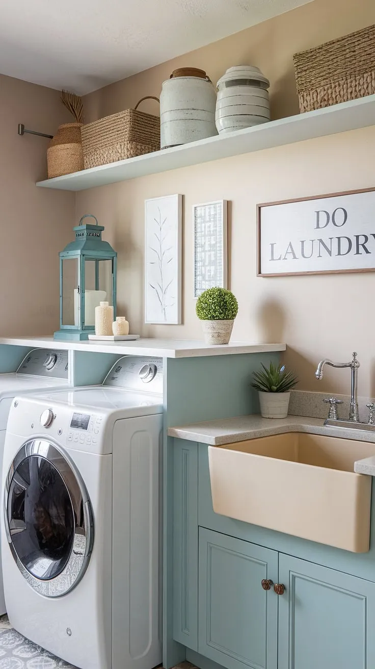 A serene coastal style laundry room, this house interior laundry room showcases the effortless elegance of coastal house decorating ideas. The powder blue walls and preppy accents create a Hamptons style haven, making laundry day a little less mundane.