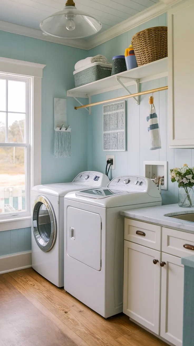 This powder blue coastal laundry room embodies the perfect blend of Hamptons style and preppy charm.  Coastal house decorating ideas come alive in this bright and airy space, transforming a utilitarian room into a stylish coastal laundry room.