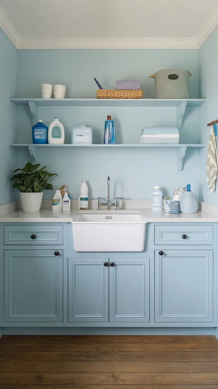 This powder blue coastal laundry room embodies the perfect blend of Hamptons style and preppy charm.  Coastal house decorating ideas come alive in this bright and airy space, transforming a utilitarian room into a stylish coastal laundry room.