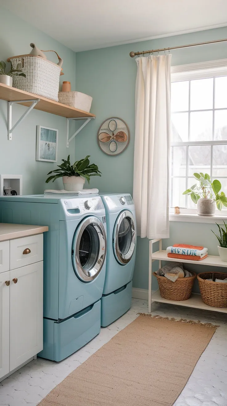 A dreamy coastal style laundry room, this house interior laundry room showcases the effortless elegance of a Hamptons style design. The powder blue walls and coastal accents create a preppy and inviting atmosphere, offering inspiration for your own coastal laundry room makeover.