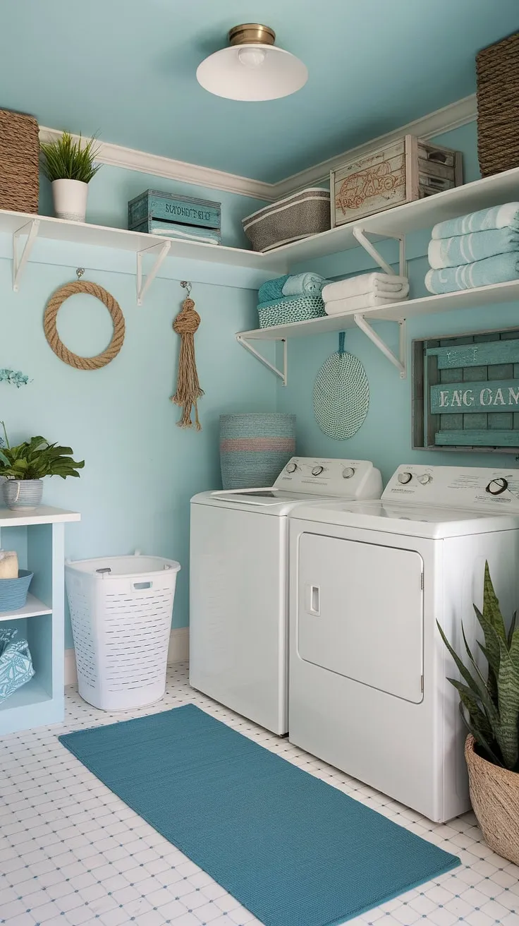 Transform your laundry routine with this coastal laundry room design.  The calming powder blue walls and white cabinetry create a serene Hamptons style laundry room, while the rope basket and wooden crate add charming coastal touches. This preppy laundry room offers inspiration for anyone looking for coastal house decorating ideas to brighten their house interior laundry room.