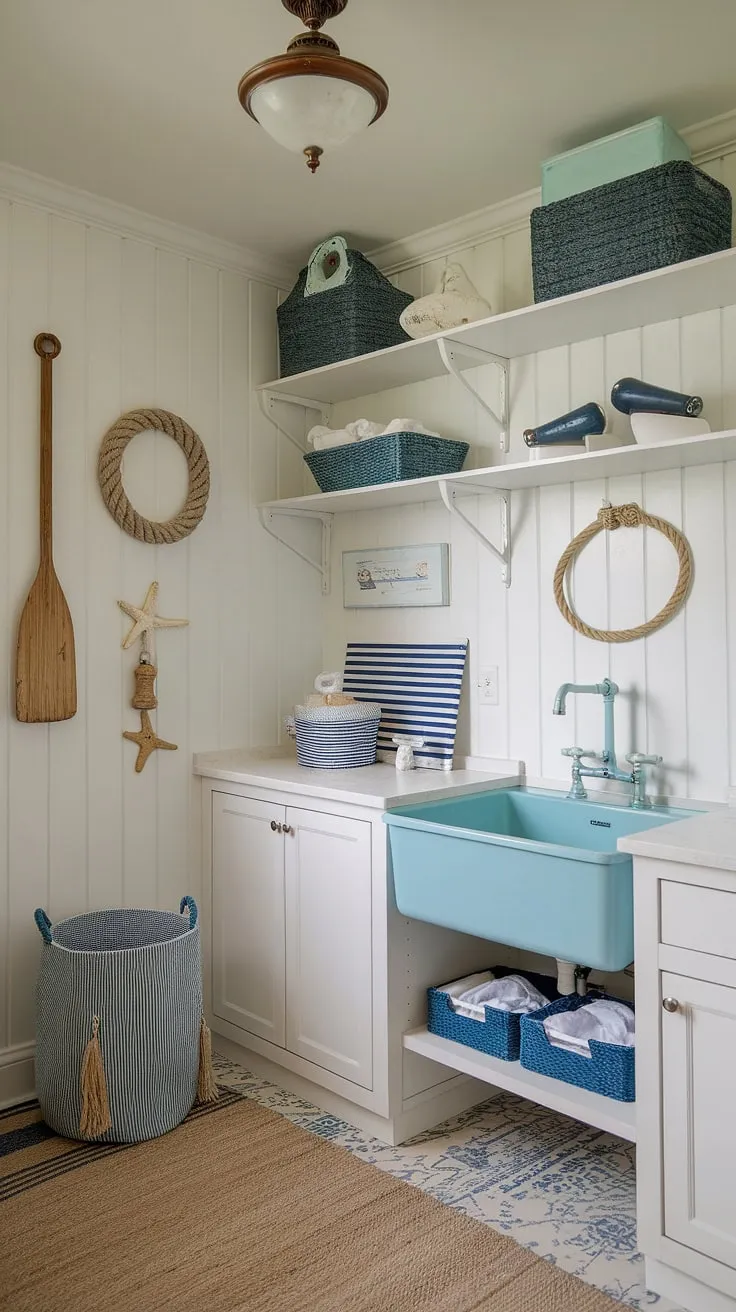 This powder blue coastal laundry room is the epitome of Hamptons style, offering a preppy and serene space for chores.  Coastal house decorating ideas at their finest, transforming a utilitarian room into a charming coastal laundry room.